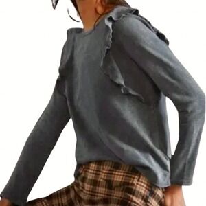 ANTHROPOLOGIE Eri + Ali Boho Ruffle Washed Top Whimsigoth‎ Knit Gray Tee SMALL